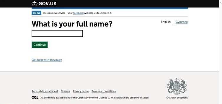 A screenshot of the next government gateway webpage, the users full name.