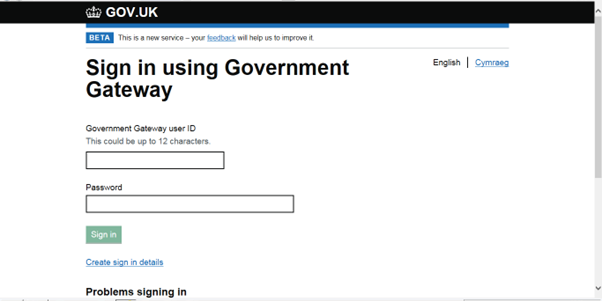 A screenshot of the Government Gateway sign in page