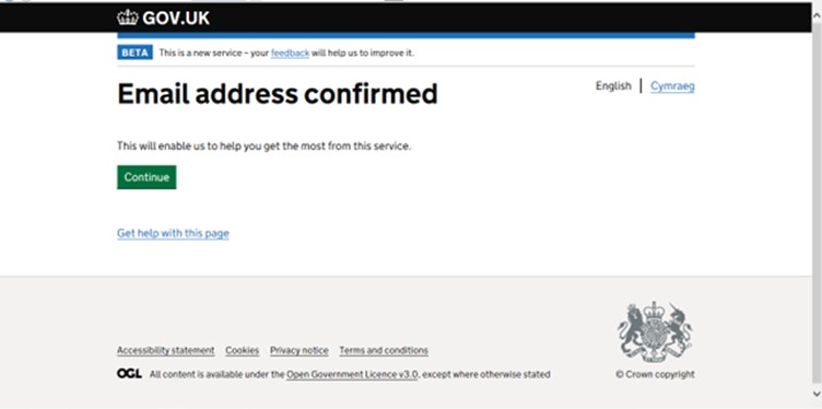 A screenshot of the next government gateway webpage, confirming the email address has been confirmed.