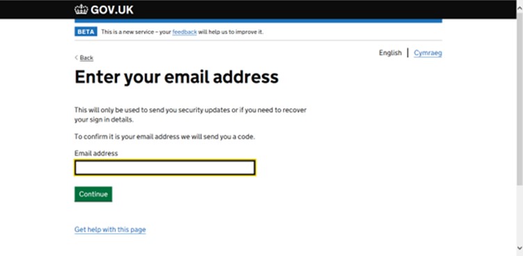 A screenshot of the government gateway signup screen, requesting entry of an email address.