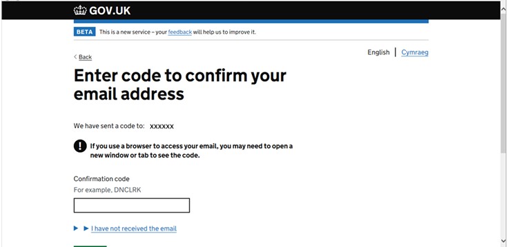 A screenshot of the next government gateway webpage, requesting a code sent to your email address to be entered.