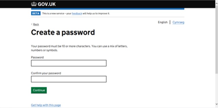 A screenshot of the next government gateway webpage, requesting a password to be entered and then confirmed.