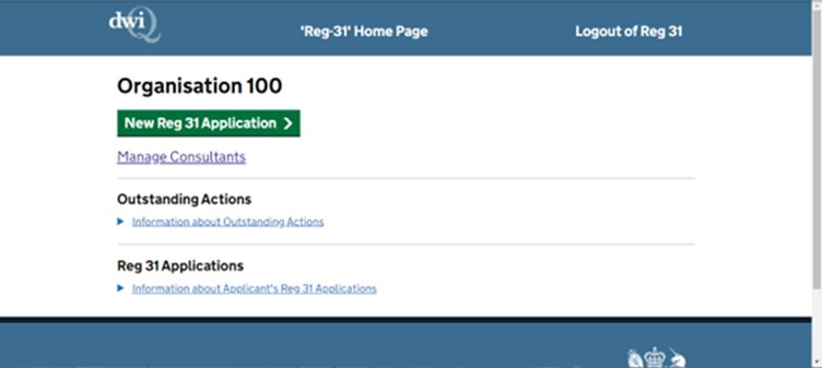 A screenshot of the DWI Reg 31 External Portal home page, following a successful login.